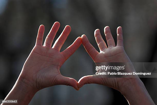 Protesters gesture with the hands during a pro-abortion protest on February 1, 2014 in Madrid, Spain. Pro-choice groups organized the 'Freedom Train'...