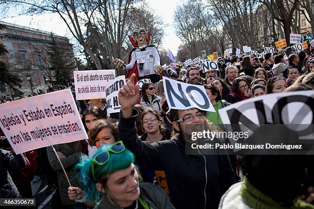 Protesters hold placards and carry a puppet of Justice Minister Alberto Ruiz Gallardon during a pro-abortion protest on February 1, 2014 in Madrid,...