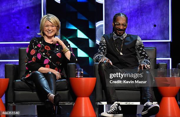 Personality Martha Stewart and recording artist Snoop Dogg speak onstage at The Comedy Central Roast of Justin Bieber at Sony Pictures Studios on...