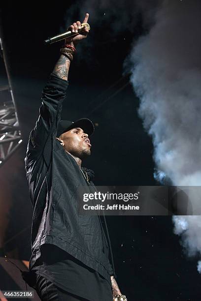 Singer Chris Brown performs at Time Warner Cable Arena on March 14, 2015 in Charlotte, North Carolina.