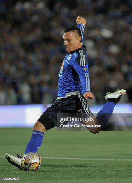 Javier Reina of Millonarios prepares to kick the ball during a match between Millonarios and Santa Fe as part of 10th round of Liga Aguila I 2015 at...