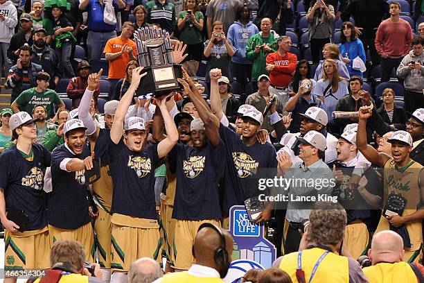 Notre Dame Fighting Irish players celebrate following their victory against the North Carolina Tar Heels during the finals of the 2015 Men's ACC...