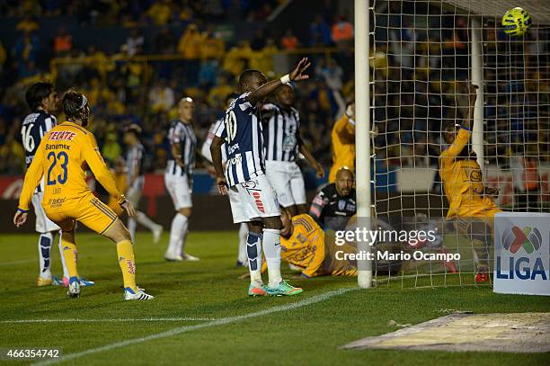Joffre Guerron of Tigres scores his team's second goal during a match between Tigres UANL and Pachuca as part of 10th round Clausura 2015 Liga MX at...