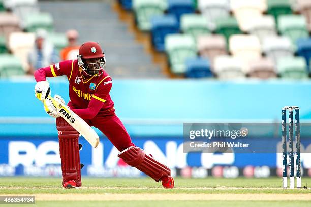 Jonathan Carter of West Indies bats during the 2015 ICC Cricket World Cup match between the West Indies and United Arab Emirates at McLean Park on...