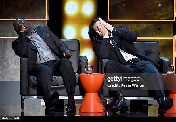 Comedians Hannibal Buress and Chris D'Elia onstage at The Comedy Central Roast of Justin Bieber at Sony Pictures Studios on March 14, 2015 in Los...