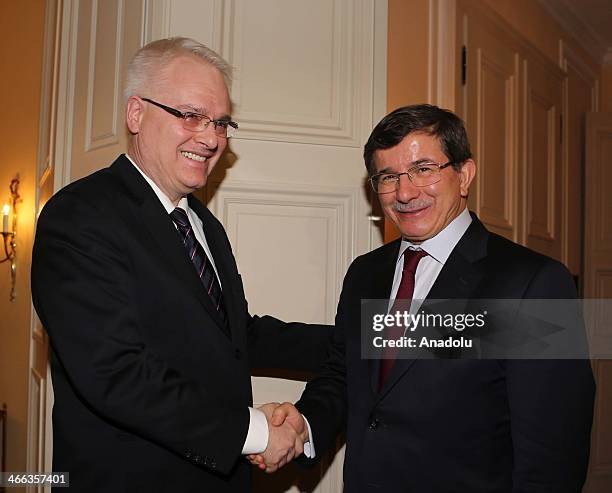 Turkey's Foreign Minister Ahmet Davutoglu shakes hand Croatian President Ivo Josipovic at the 50th Munich Security Conference to be held between 31st...