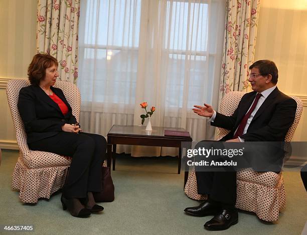 Turkey's Foreign Minister Ahmet Davutoglu meets European Union High Representative for Foreign Affairs and Security Policy Catherine Ashton at the...
