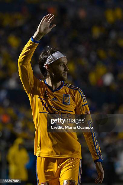 Edgar Lugo of Tigres says farewell to the fans after a match between Tigres UANL and Pachuca as part of 10th round Clausura 2015 Liga MX at...