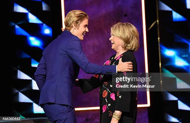 Honoree Justin Bieber and TV personality Martha Stewart speak onstage at The Comedy Central Roast of Justin Bieber at Sony Pictures Studios on March...