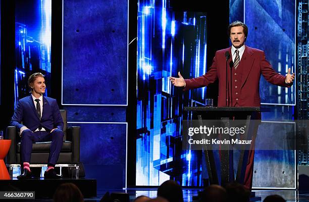 Honoree Justin Bieber and actor Will Ferrell speak onstage at The Comedy Central Roast of Justin Bieber at Sony Pictures Studios on March 14, 2015 in...