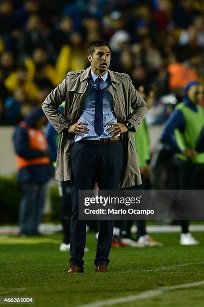 Diego Alonso coach of Pachuca watches the actions during a match between Tigres UANL and Pachuca as part of 10th round Clausura 2015 Liga MX at...