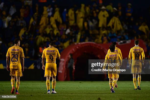 Players of Tigres get off of the field after the first half of a match between Tigres UANL and Pachuca as part of 10th round Clausura 2015 Liga MX at...