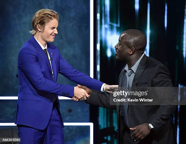 Honoree Justin Bieber and comedian Hannibal Buress onstage at The Comedy Central Roast of Justin Bieber at Sony Pictures Studios on March 14, 2015 in...