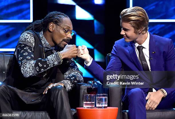 Rapper Snoop Dogg and honoree Justin Bieber onstage at The Comedy Central Roast of Justin Bieber at Sony Pictures Studios on March 14, 2015 in Los...