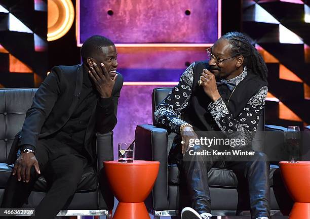 Roastmaster Kevin Hart and rapper Snoop Dogg onstage at The Comedy Central Roast of Justin Bieber at Sony Pictures Studios on March 14, 2015 in Los...