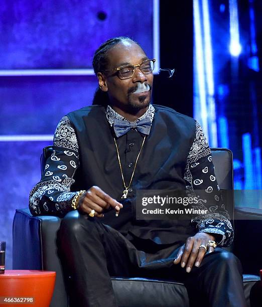 Rapper Snoop Dogg onstage at The Comedy Central Roast of Justin Bieber at Sony Pictures Studios on March 14, 2015 in Los Angeles, California. The...