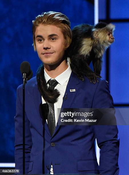 Honoree Justin Bieber speaks onstage at The Comedy Central Roast of Justin Bieber at Sony Pictures Studios on March 14, 2015 in Los Angeles,...