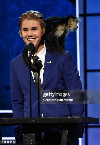 Honoree Justin Bieber speaks onstage at The Comedy Central Roast of Justin Bieber at Sony Pictures Studios on March 14, 2015 in Los Angeles,...