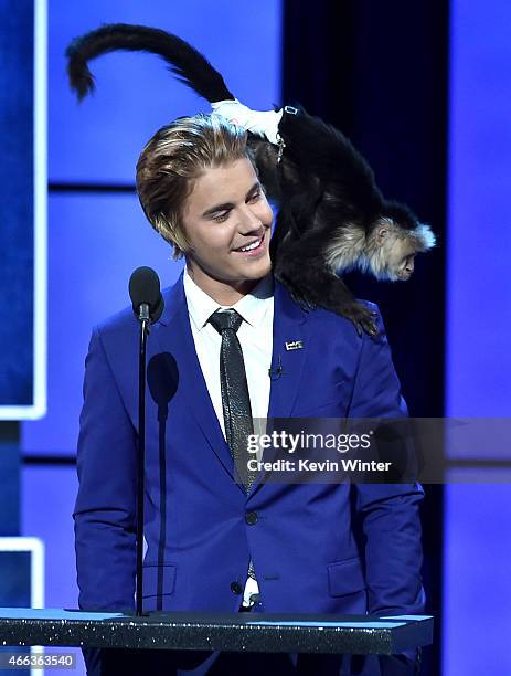 Honoree Justin Bieber speaks onstage at The Comedy Central Roast of Justin Bieber at Sony Pictures Studios on March 14, 2015 in Los Angeles,...