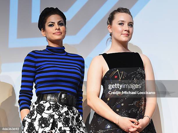 Actresses Eva Mendes and Saoirse Ronan take part in a Q&A following the "Lost River" premiere during the 2015 SXSW Music, Film + Interactive Festival...