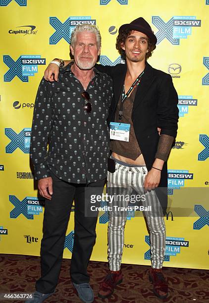 Actors Ron Perlman and Robert Sheehan attend the premiere of "Moonwalkers" during the 2015 SXSW Music, Film + Interactive Festival at Alamo Ritz on...
