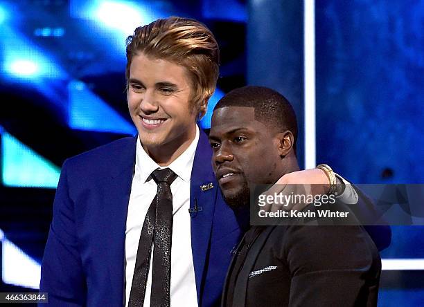 Honoree Justin Bieber and comedian Kevin Hart onstage at The Comedy Central Roast of Justin Bieber at Sony Pictures Studios on March 14, 2015 in Los...