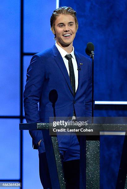 Honoree Justin Bieber speaks onstage at The Comedy Central Roast of Justin Bieber at Sony Pictures Studios on March 14, 2015 in Los Angeles,...