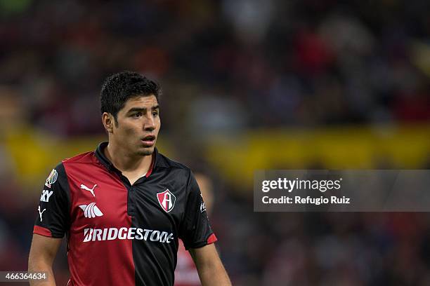 Enrique Perez of Atlas looks on during a match between Atlas and Monterrey as part of 10th round Clausura 2015 Liga MX at Jalisco Stadium on March...