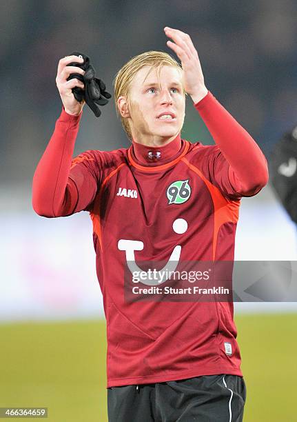 Rajtoral Frantisek of Hannover celebrates his teams win at the end of the Bundesliga match between Hannover 96 and Borussia Moenchengladbach at...