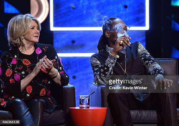 Personality Martha Stewart and rapper Snoop Dogg onstage at The Comedy Central Roast of Justin Bieber at Sony Pictures Studios on March 14, 2015 in...