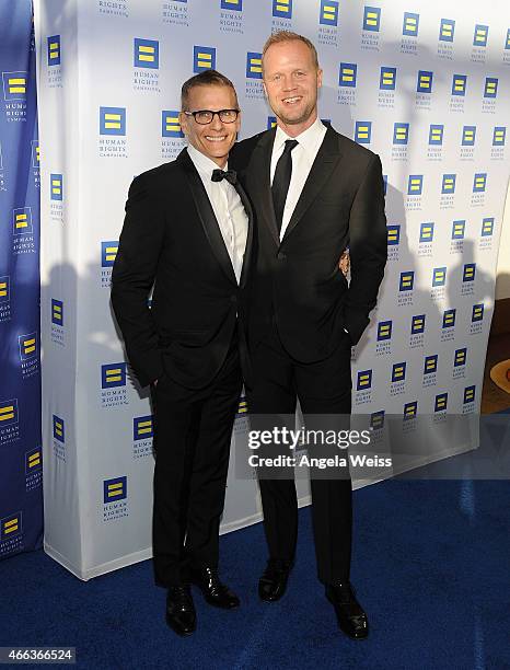 Honoree Michael Lombardo and Sonny Ward attend the Human Rights Campaign Los Angeles Gala 2015 at JW Marriott Los Angeles at L.A. LIVE on March 14,...