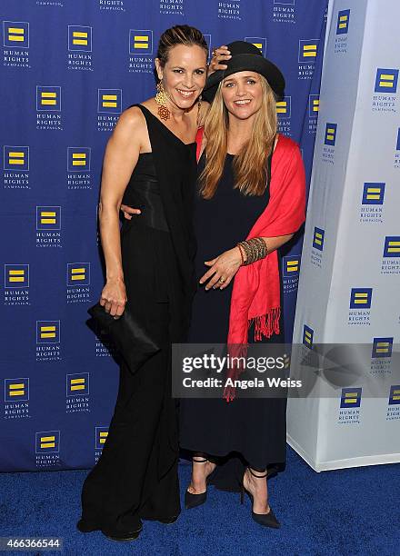 Actress Maria Bello and Clare Munn attend the Human Rights Campaign Los Angeles Gala 2015 at JW Marriott Los Angeles at L.A. LIVE on March 14, 2015...