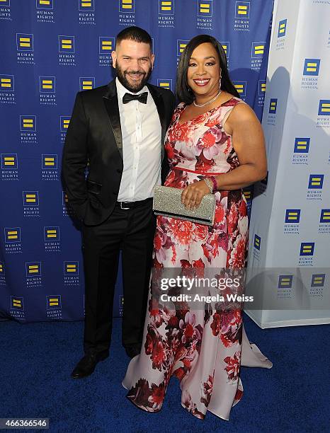 Actor Guillermo Diaz and Honoree Shonda Rhimes attend the Human Rights Campaign Los Angeles Gala 2015 at JW Marriott Los Angeles at L.A. LIVE on...