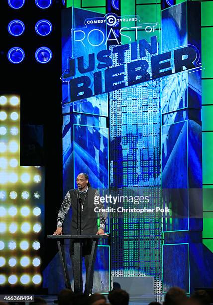 Rapper Snoop Dogg speaks onstage at The Comedy Central Roast of Justin Bieber at Sony Pictures Studios on March 14, 2015 in Los Angeles, California....