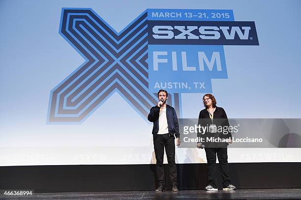Director/writer Ryan Gosling and SXSW Film Festival Director Janet Pierson take part in a Q&A following the "Lost River" premiere during the 2015...