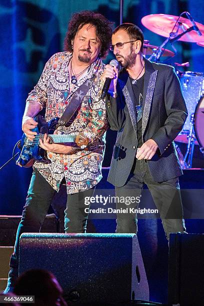 Musicians Steve Lukather and Ringo Starr perform on stage with Ringo Starr & His All-Starr Band at Pala Casino on March 14, 2015 in Pala, California.