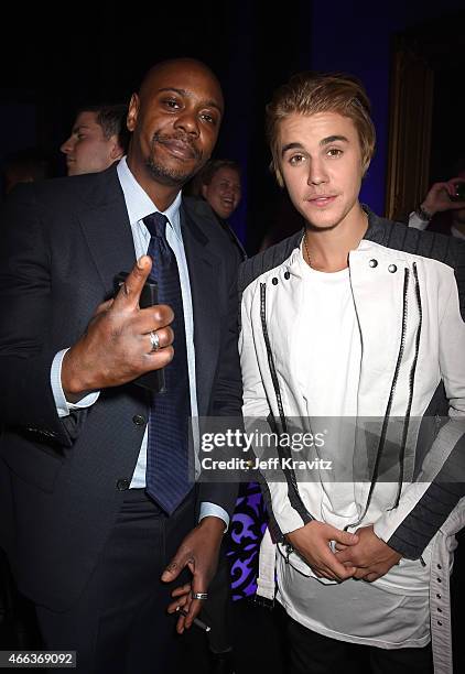 Comedian Dave Chappelle and honoree Justin Bieber attend the after party for The Comedy Central Roast of Justin Bieber at Sony Pictures Studios on...