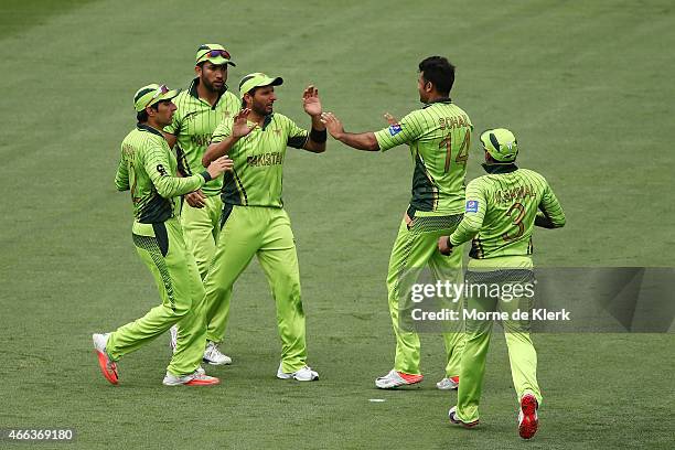 Pakistani players celebrate getting the wicket of William Porterfield of Ireland during the 2015 ICC Cricket World Cup match between Pakistan and...