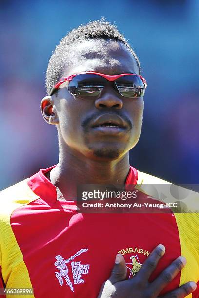 Tafadzwa Kamungozi of Zimbabwe during the 2015 ICC Cricket World Cup match between India and Zimbabwe at Eden Park on March 14, 2015 in Auckland, New...