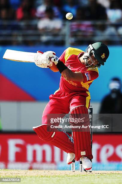 Sikandar Raza of Zimbabwe bats during the 2015 ICC Cricket World Cup match between India and Zimbabwe at Eden Park on March 14, 2015 in Auckland, New...