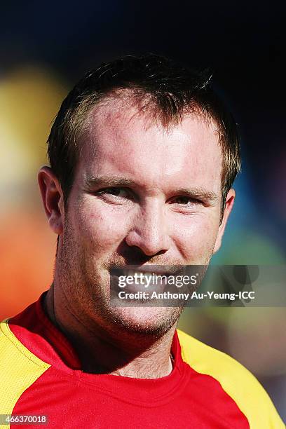 Brendan Taylor of Zimbabwe is interviewed at the mid innings during the 2015 ICC Cricket World Cup match between India and Zimbabwe at Eden Park on...