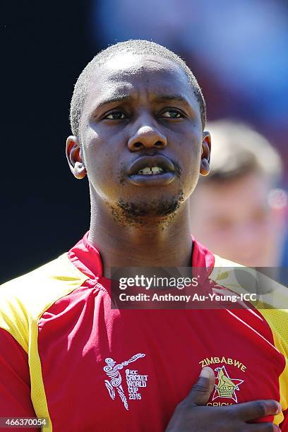 Tinashe Panyangara of Zimbabwe during the 2015 ICC Cricket World Cup match between India and Zimbabwe at Eden Park on March 14, 2015 in Auckland, New...