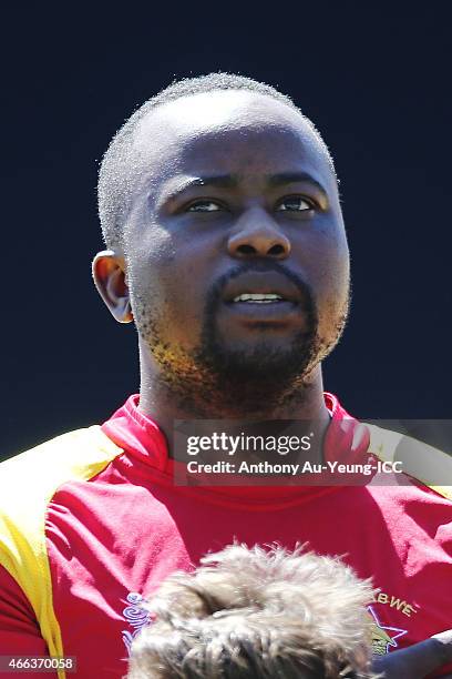Prosper Utseya of Zimbabwe during the 2015 ICC Cricket World Cup match between India and Zimbabwe at Eden Park on March 14, 2015 in Auckland, New...