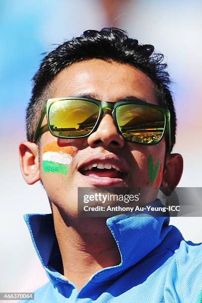 Cricket fans showing their support during the 2015 ICC Cricket World Cup match between India and Zimbabwe at Eden Park on March 14, 2015 in Auckland,...