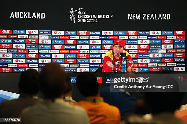 Brendan Taylor of Zimbabwe fronts the media at the press conference after the 2015 ICC Cricket World Cup match between India and Zimbabwe at Eden...