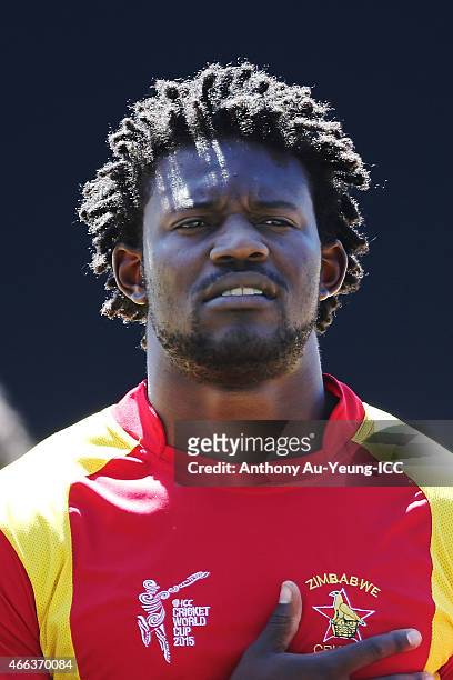 Solomon Mire of Zimbabwe during the 2015 ICC Cricket World Cup match between India and Zimbabwe at Eden Park on March 14, 2015 in Auckland, New...