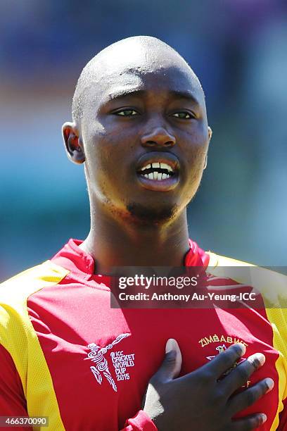 Tendai Chatara of Zimbabwe during the 2015 ICC Cricket World Cup match between India and Zimbabwe at Eden Park on March 14, 2015 in Auckland, New...