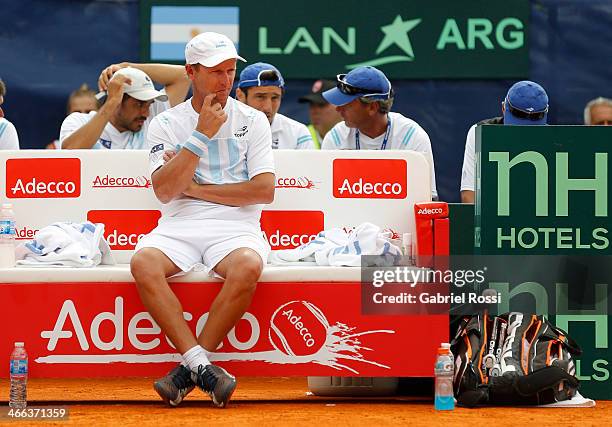 Martin Jaite Coach of Argentina looks on during a match between Argentina and Italy as part of day 2 of the Davis Cup at Patinodromo Stadium on...