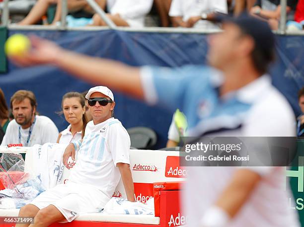 Martin Jaite Coach of Argentina looks on during a match between Argentina and Italy as part of day 2 of the Davis Cup at Patinodromo Stadium on...