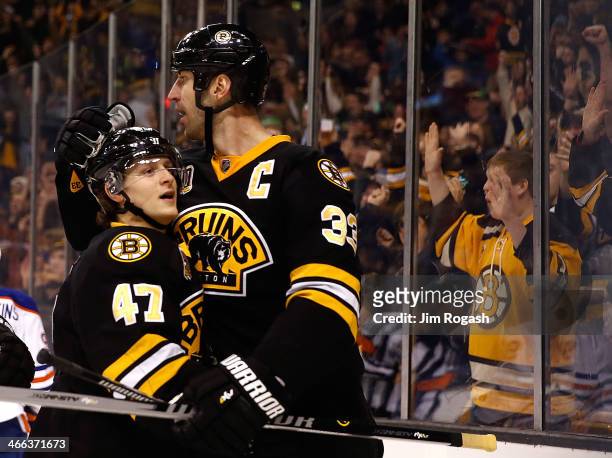 Torey Krug of the Boston Bruins celebrates his goal with Zdeno Chara against the Edmonton Oilers in the 3rd period at TD Garden on February 1, 2014...